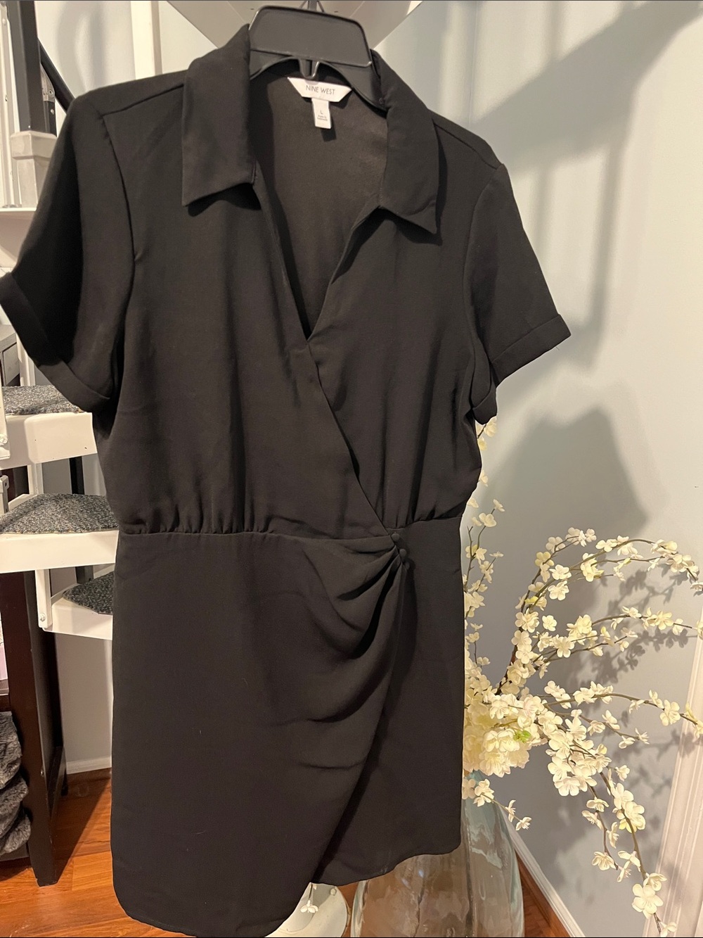 Nine West Black Short Sleeve Faux Wrap Dress